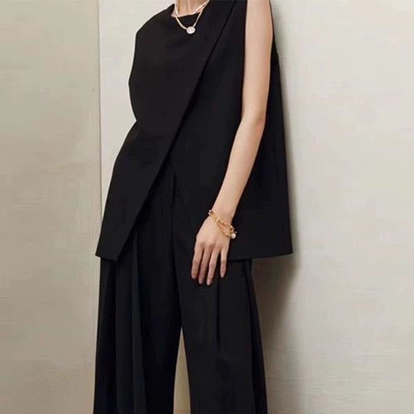 アシンメトリートップス×ストレートパンツセット