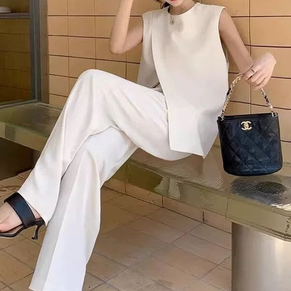 アシンメトリートップス×ストレートパンツセット